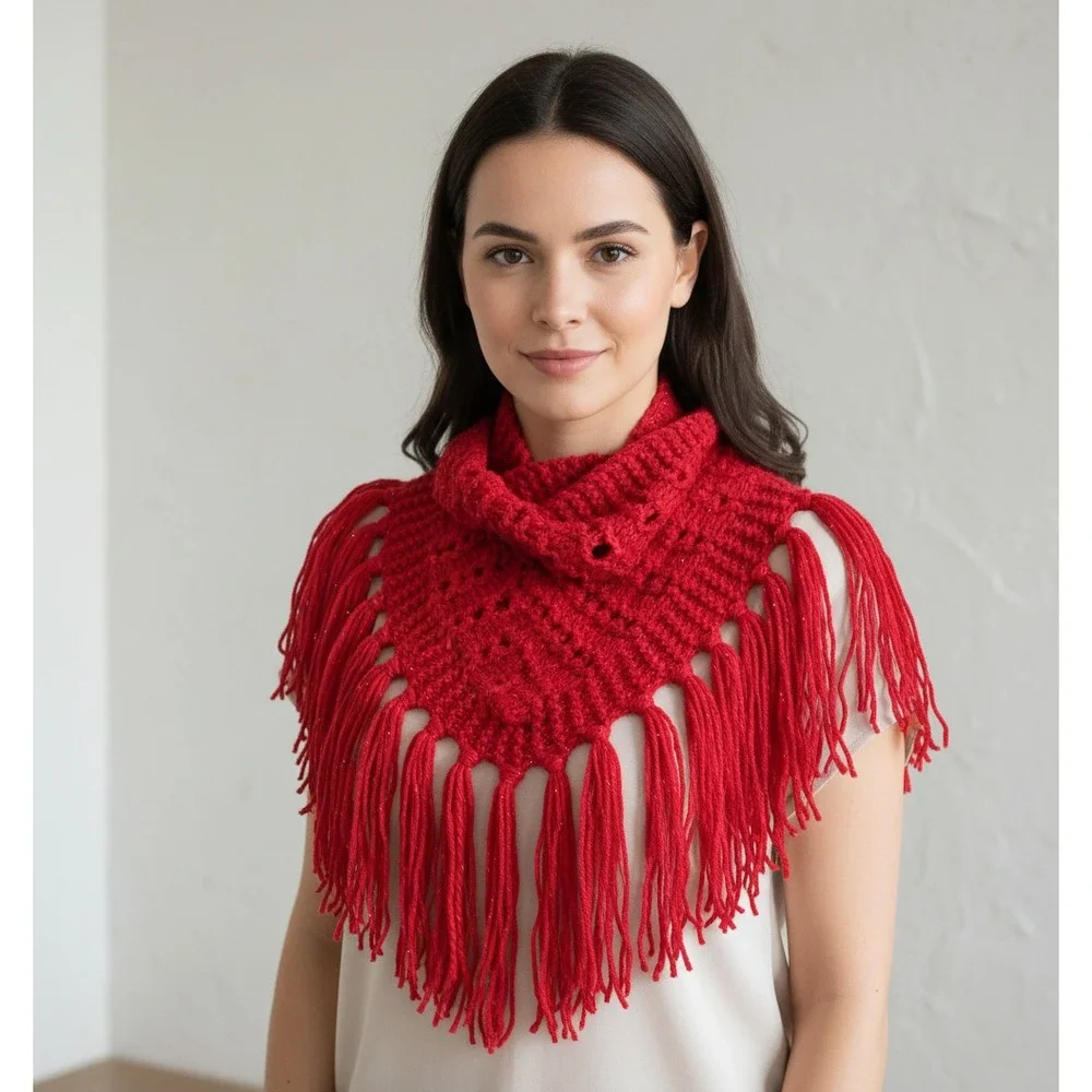 NEW‎ Hand Knitted Red Metallic Boho Cowl Scarf Fringe Shimmer Festive Glam Party